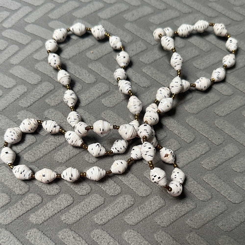 Handcrafted White Paper Bead Necklace with Gold Accent